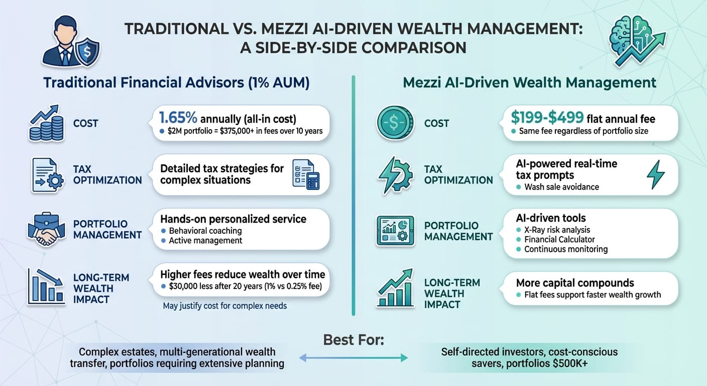 Traditional 1% AUM Financial Advisors vs Mezzi AI-Driven Wealth Management Comparison