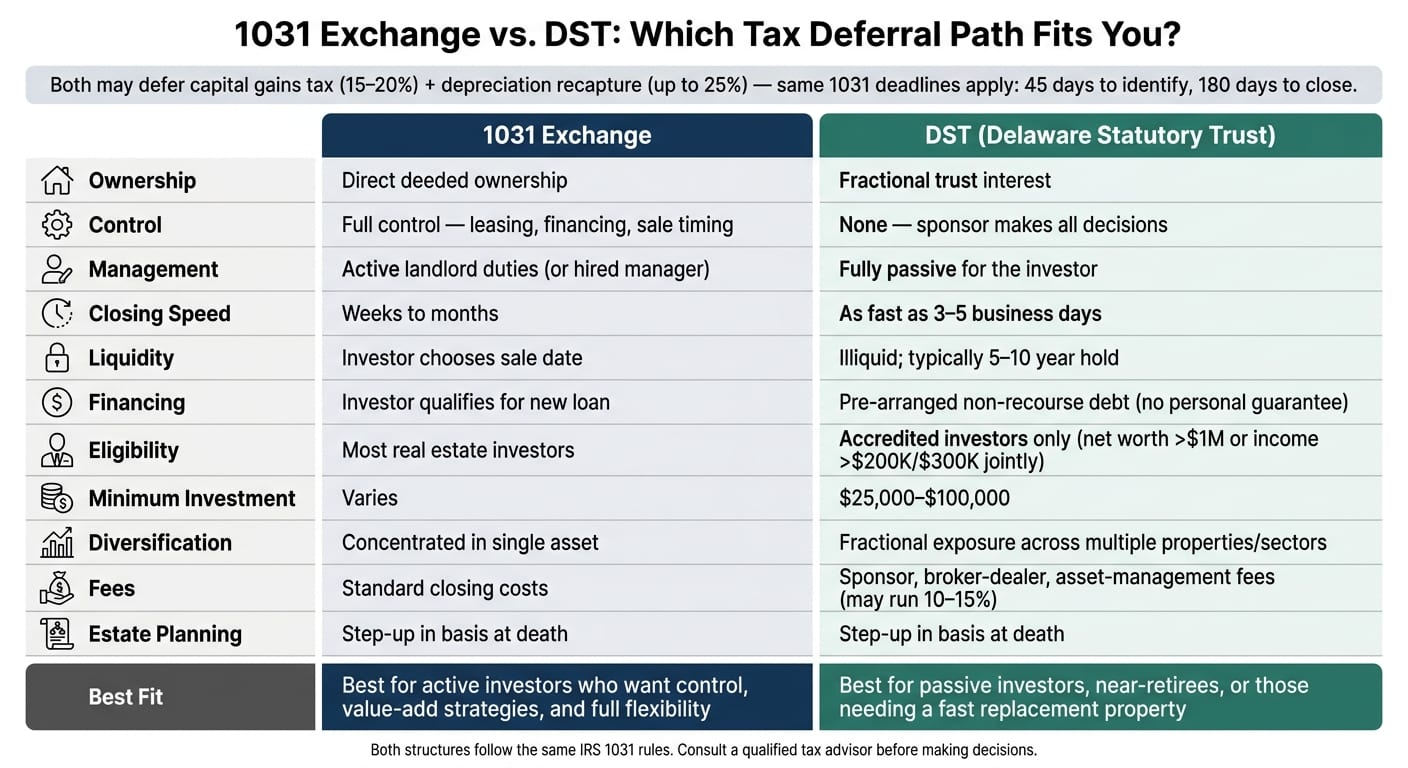 1031 Exchange vs. DST: Side-by-Side Comparison for Real Estate Investors