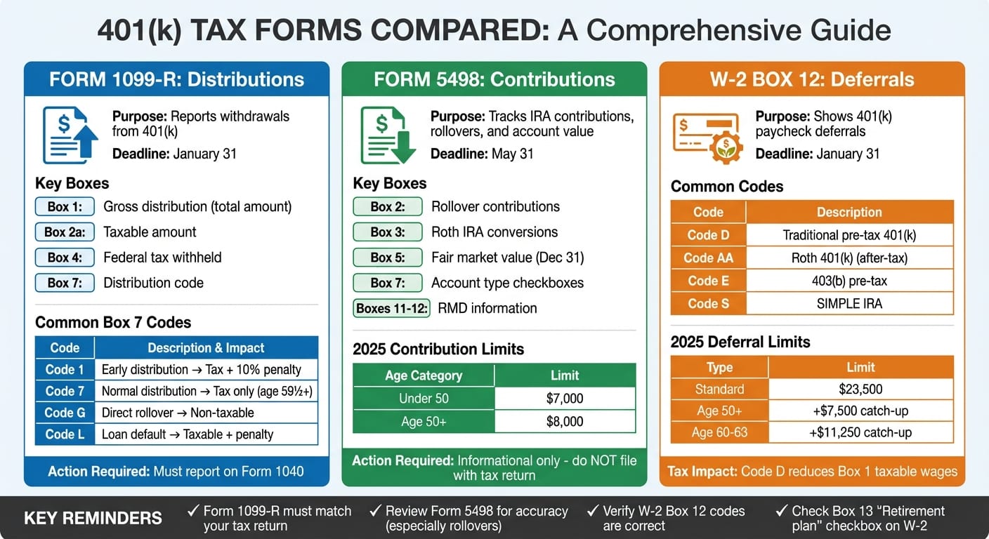401(k) Tax Forms Quick Reference Guide: 1099-R, 5498, and W-2 Box 12