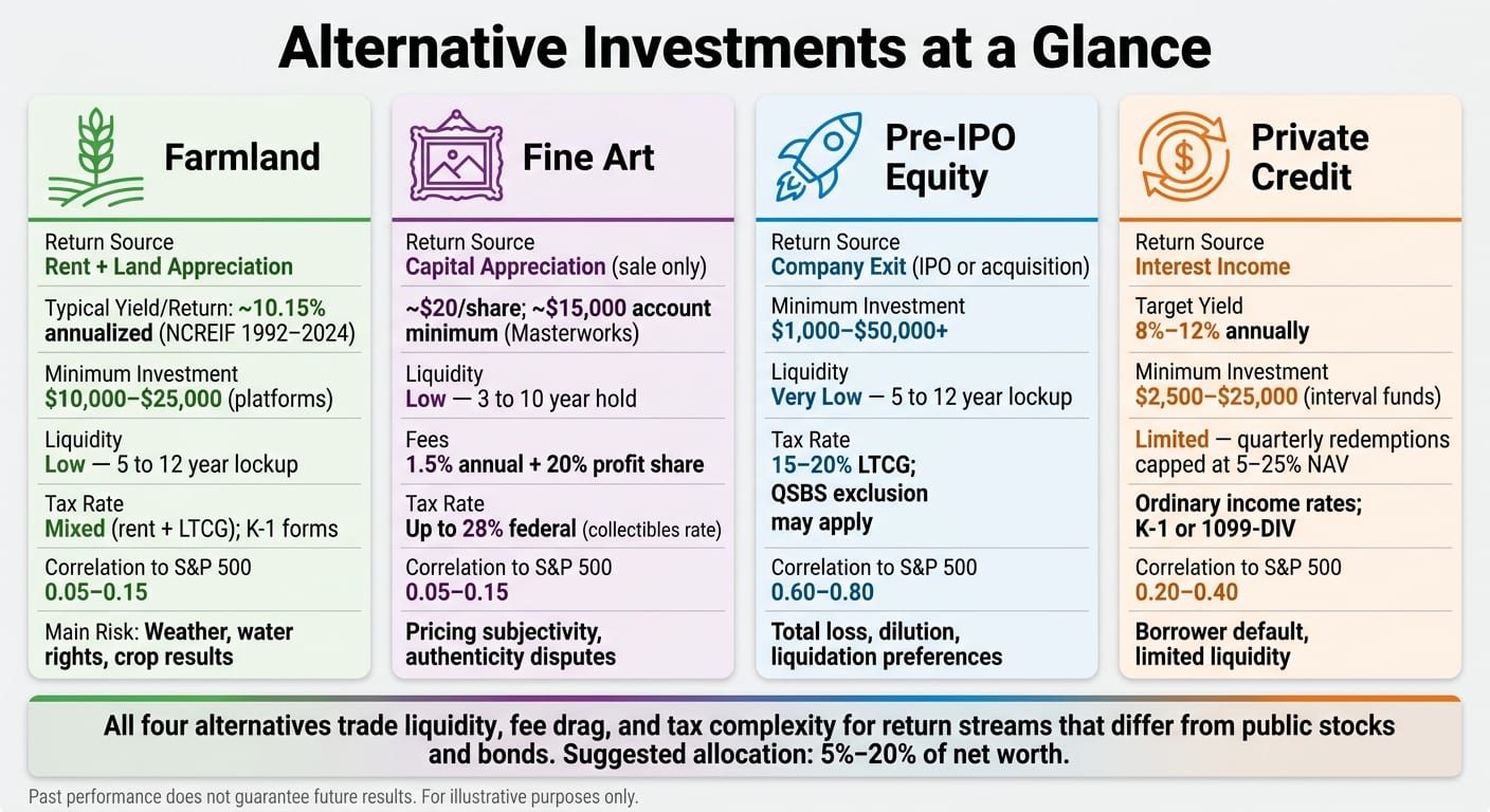 Alternative Investments Compared: Farmland, Art, Pre-IPO & Private Credit