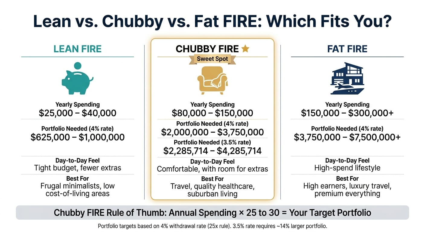 Lean vs Chubby vs Fat FIRE: Spending, Portfolio & Lifestyle Compared