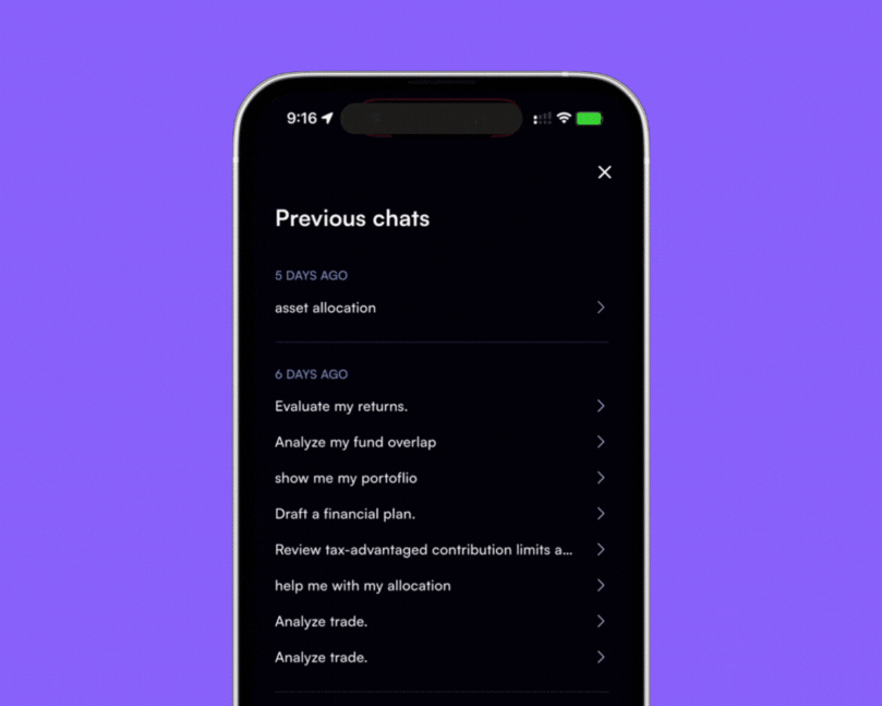 Mezzi AI chat history showing previous financial conversations