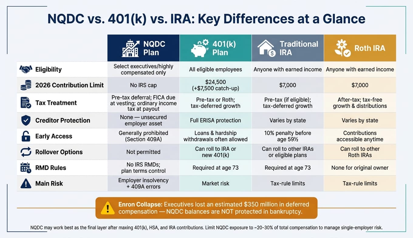 NQDC vs 401(k) vs IRA: Key Differences at a Glance