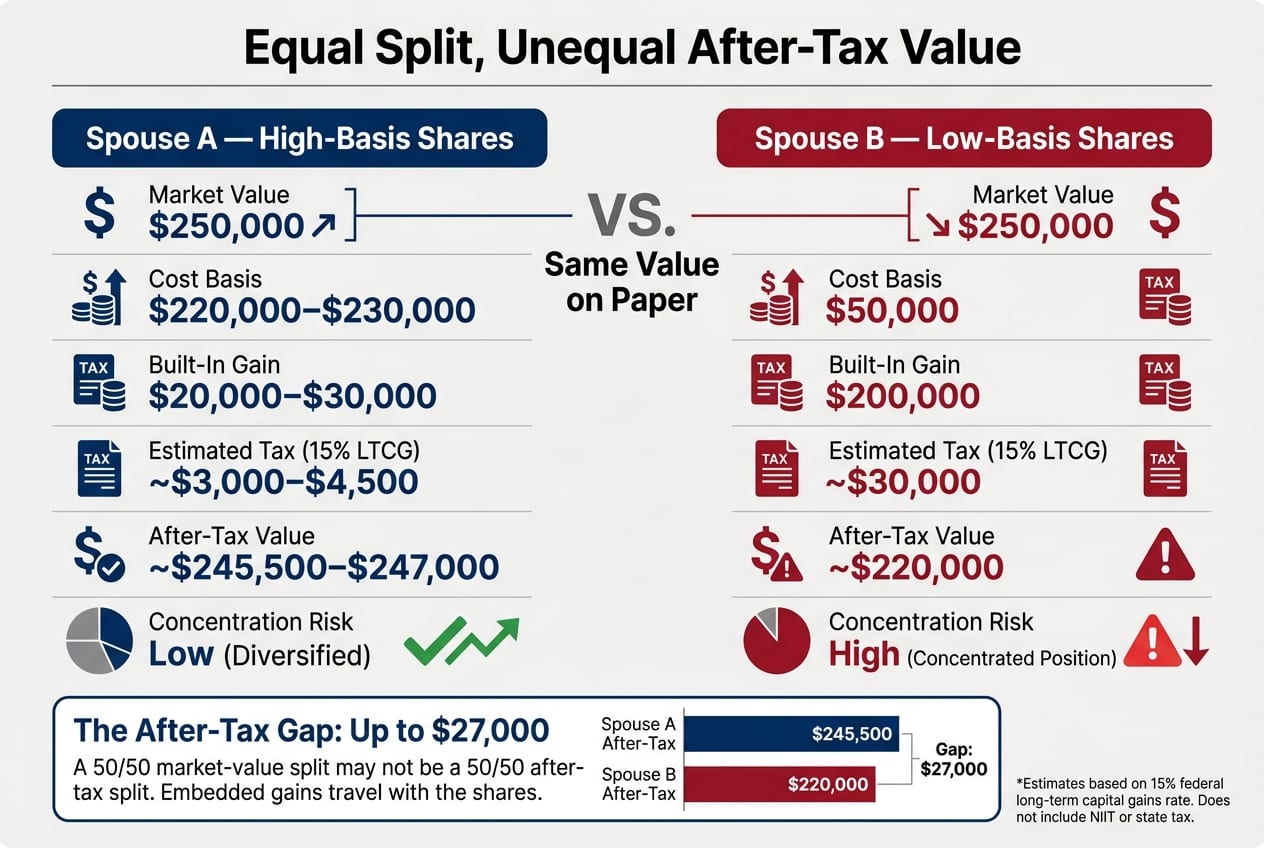 Equal Split, Unequal After-Tax Value: Low vs. High Basis Divorce Portfolio