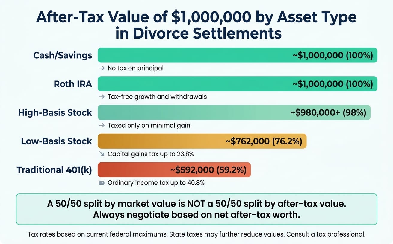 After-Tax Value of $1M by Asset Type in Divorce Settlements