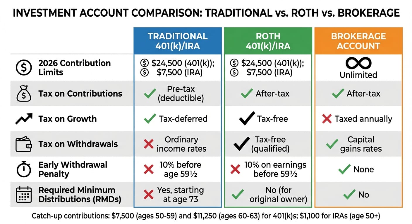 401k vs IRA vs Brokerage Account Comparison Chart