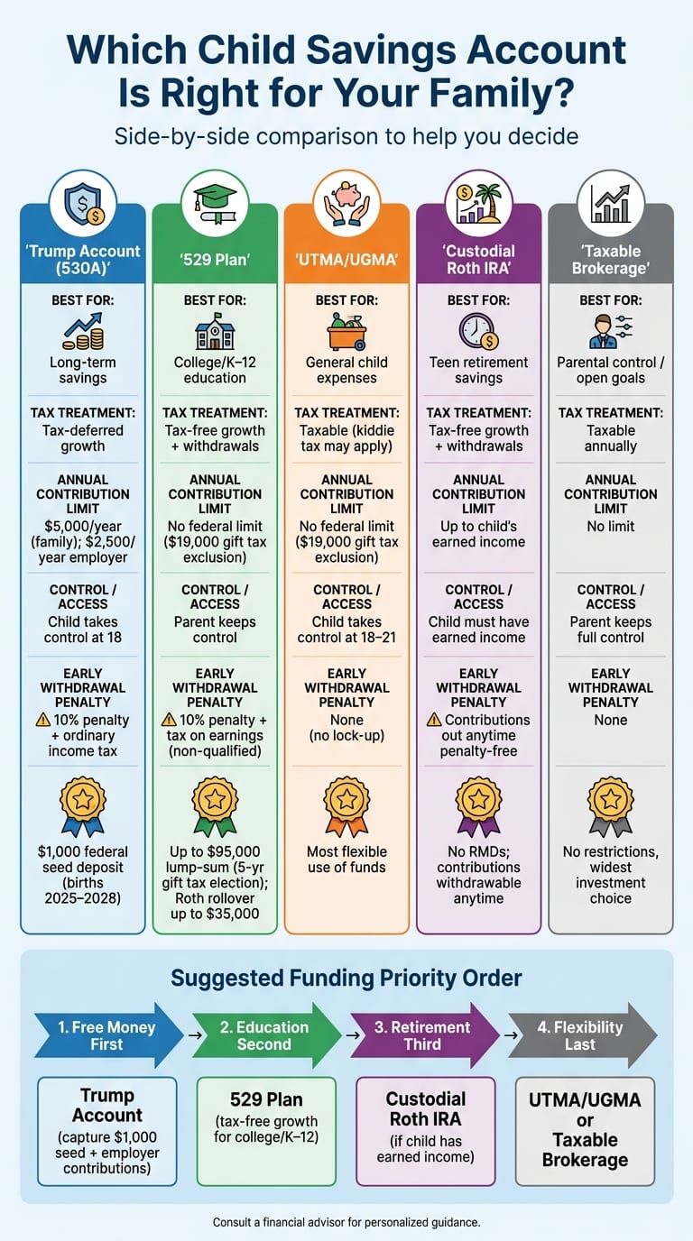 Child Savings Accounts Compared: 529 vs Trump Account vs Roth IRA & More