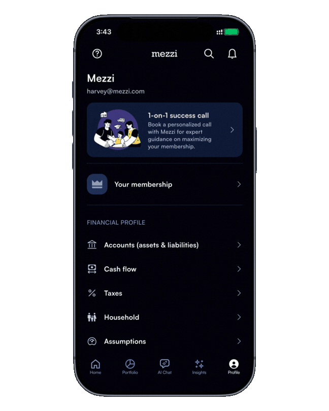 Mezzi profile menu with accounts, cash flow, taxes, household, and assumptions.