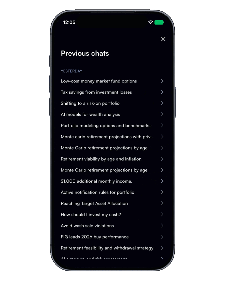 Mezzi Previous chats screen listing saved financial conversations.