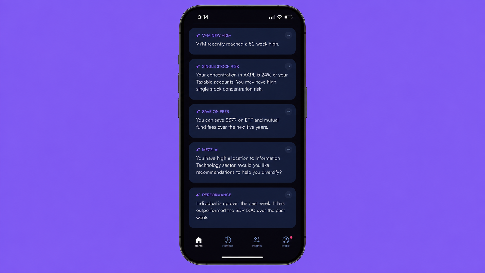 Examples of portfolio insights available on Mezzi Home