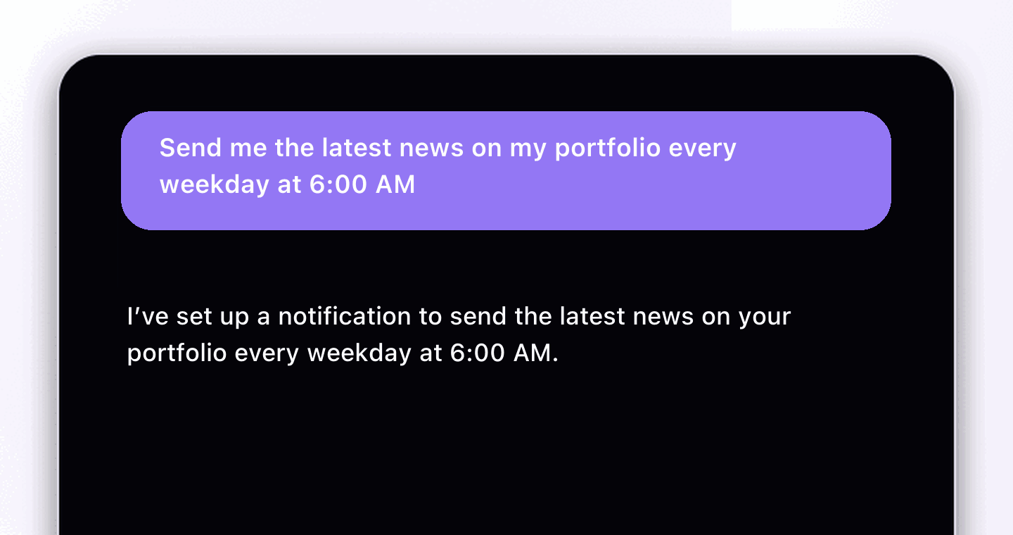 Mezzi confirming a portfolio-news notification for every weekday at 6:00 AM.