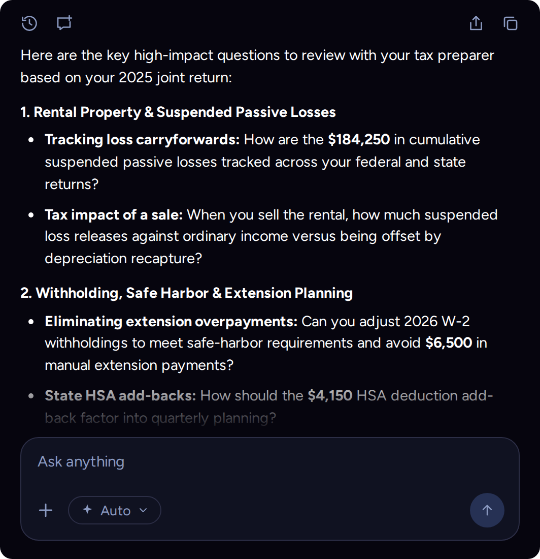 Illustrative Mezzi chat response with questions about passive loss carryforwards, a rental sale and withholding for a tax preparer.