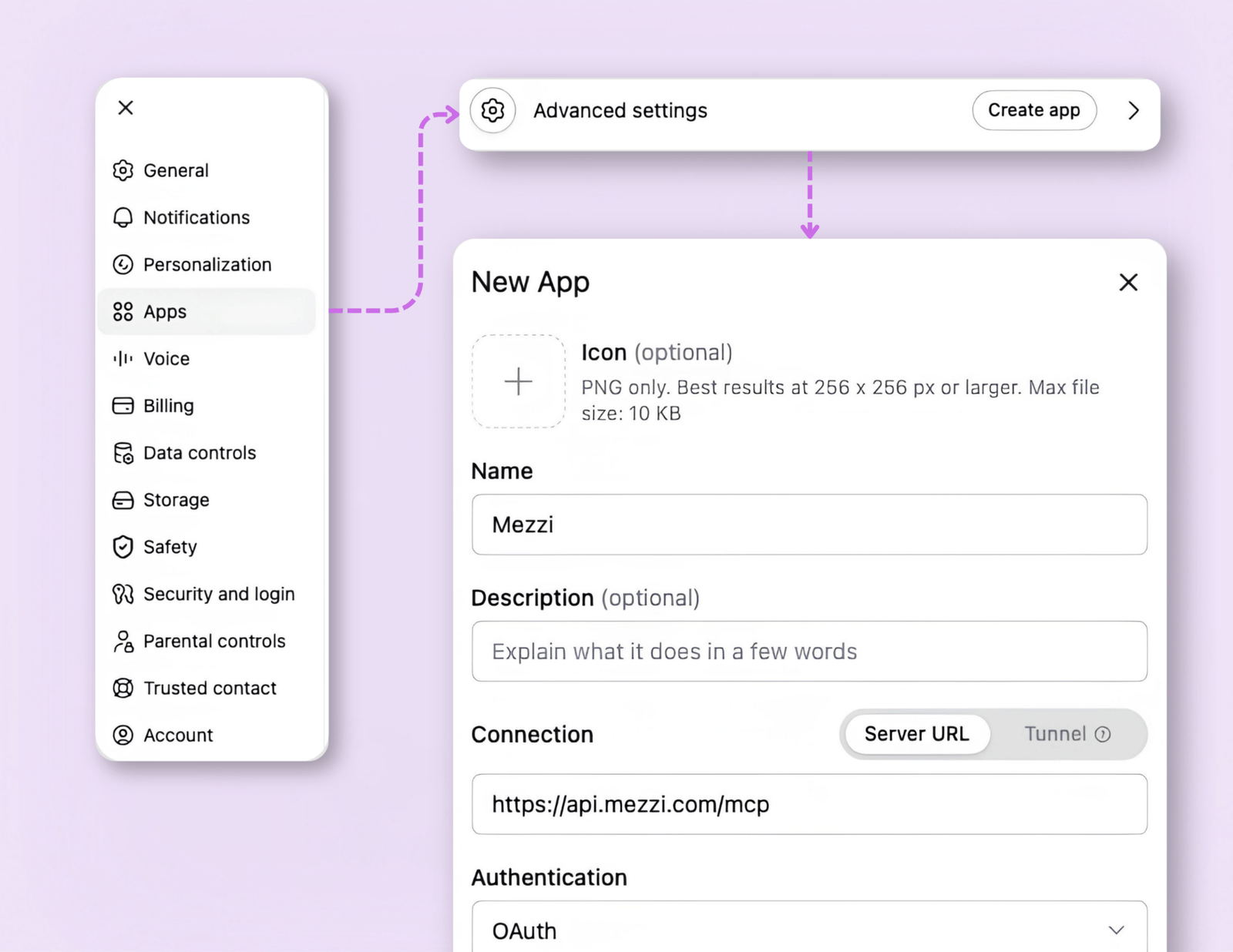 ChatGPT's app-creation settings showing the Mezzi MCP server address and OAuth authentication.