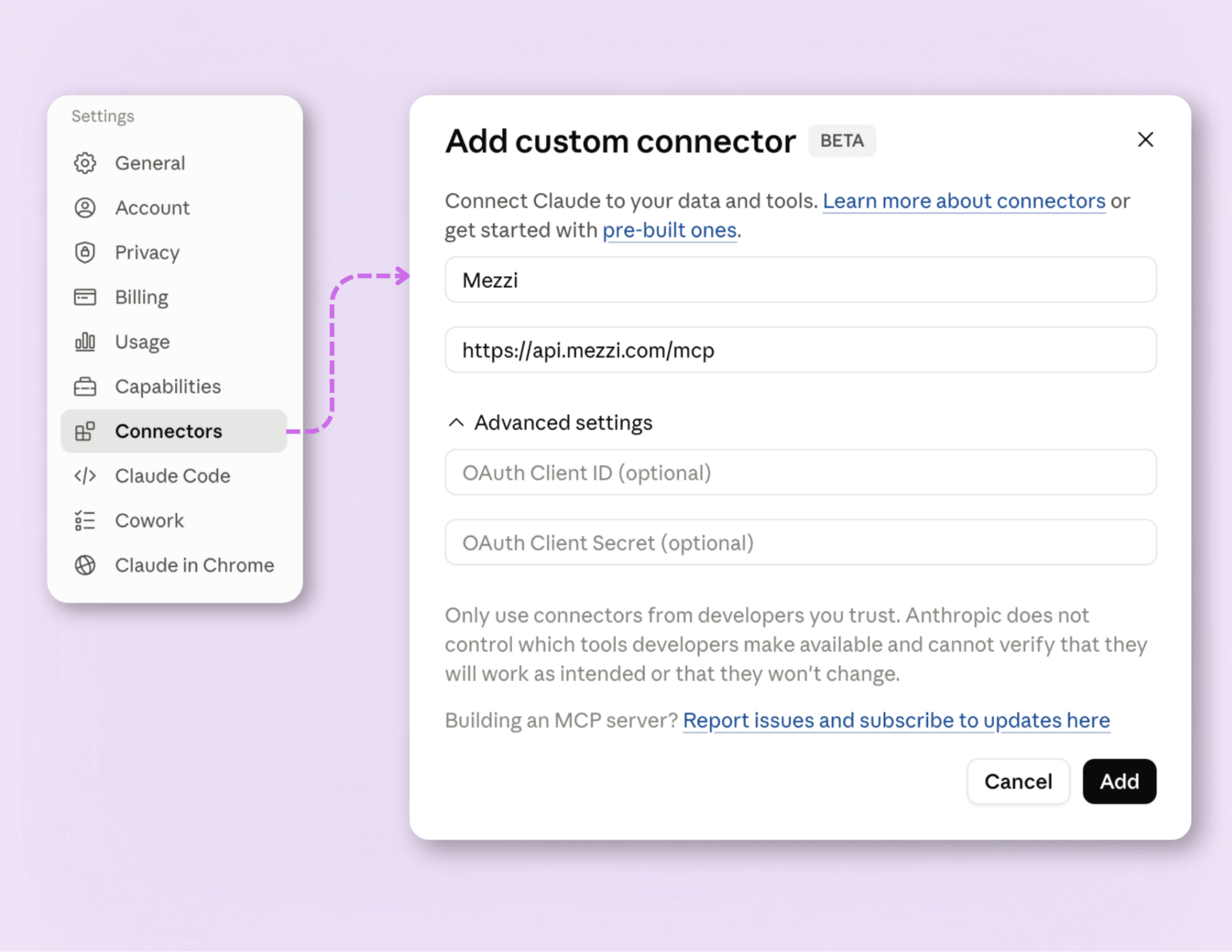 Claude's custom-connector settings showing the Mezzi MCP server address.