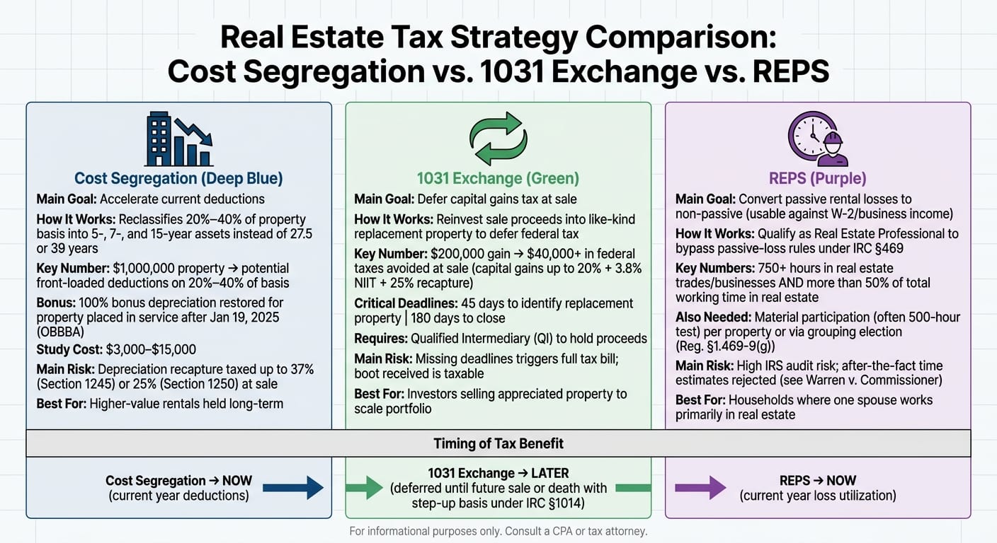 Cost Segregation vs. 1031 Exchange vs. REPS: Real Estate Tax Strategy Comparison