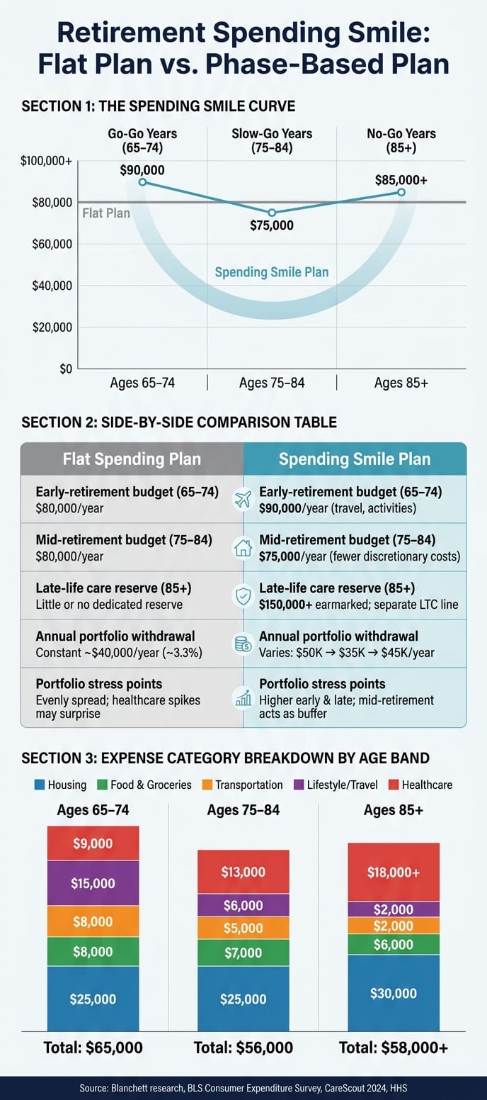 Retirement Spending Smile: Flat Plan vs. Phase-Based Plan by Age