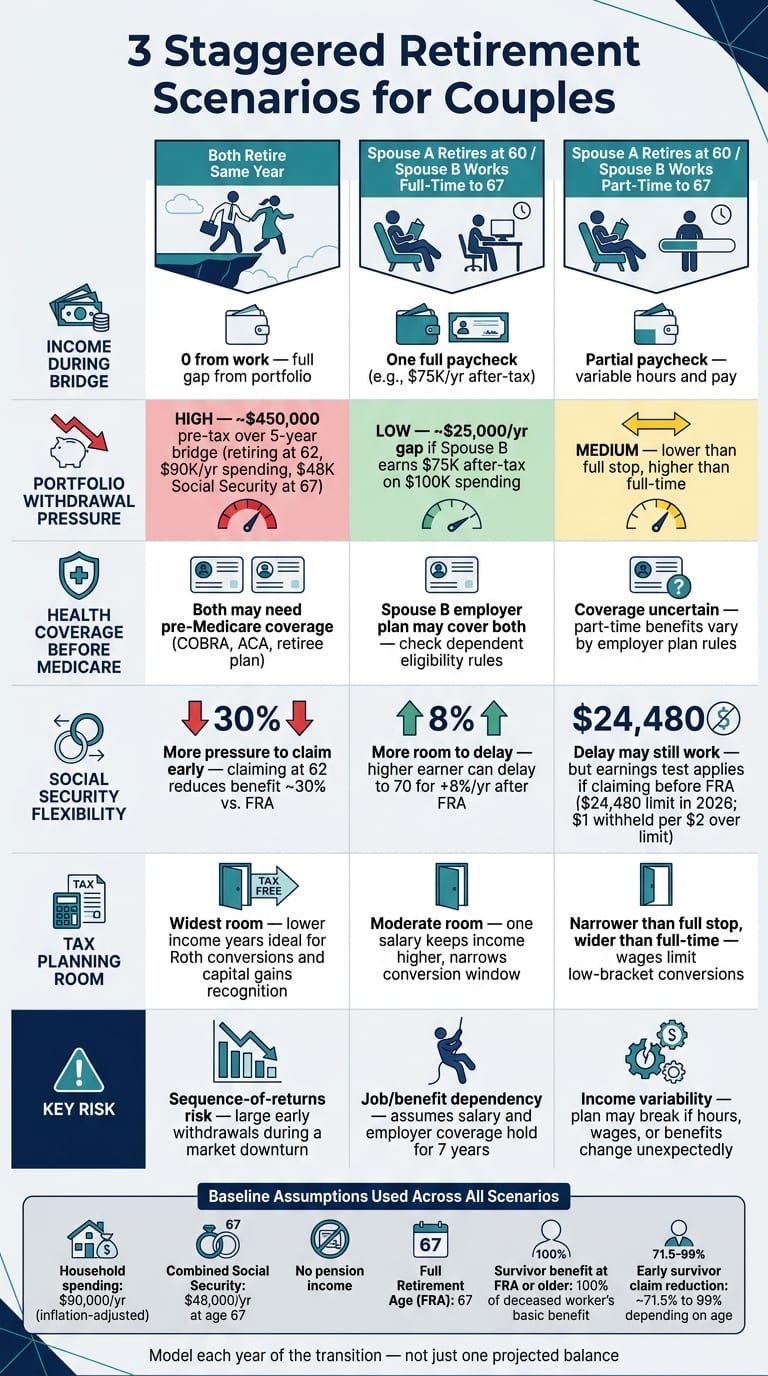 3 Staggered Retirement Scenarios: Cash Flow, Taxes & Social Security Compared
