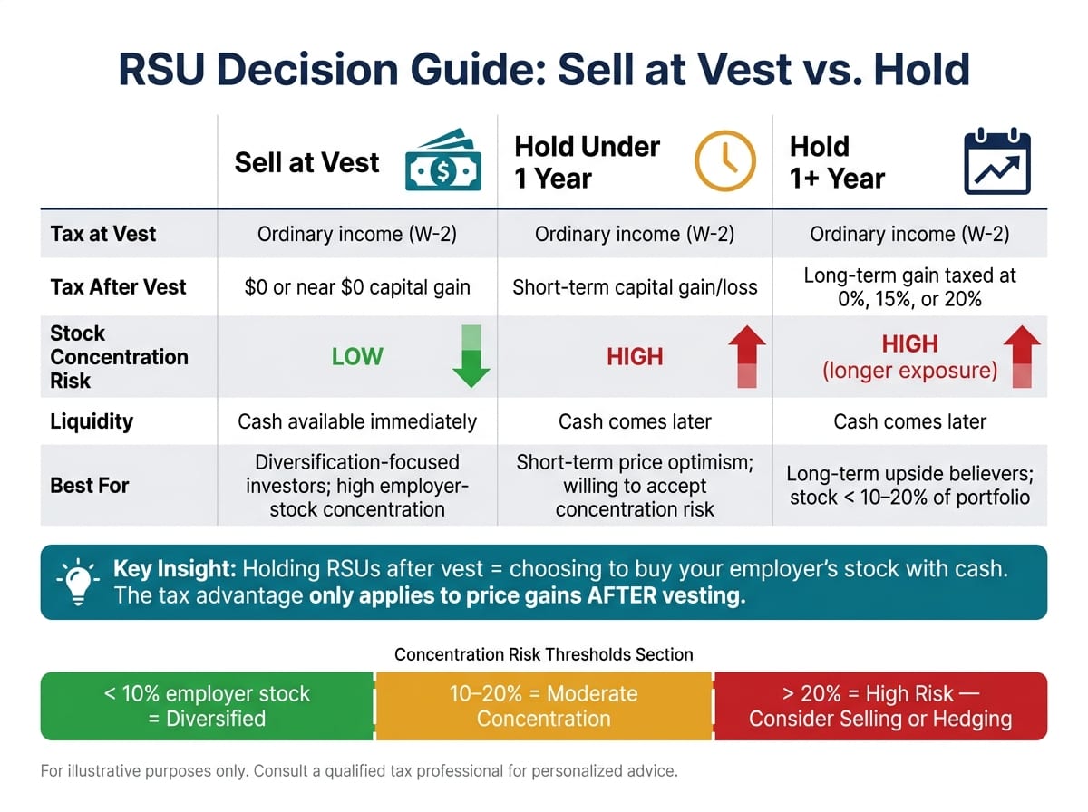 RSU Decision Guide: Sell at Vest vs. Hold – Tax & Concentration Tradeoffs