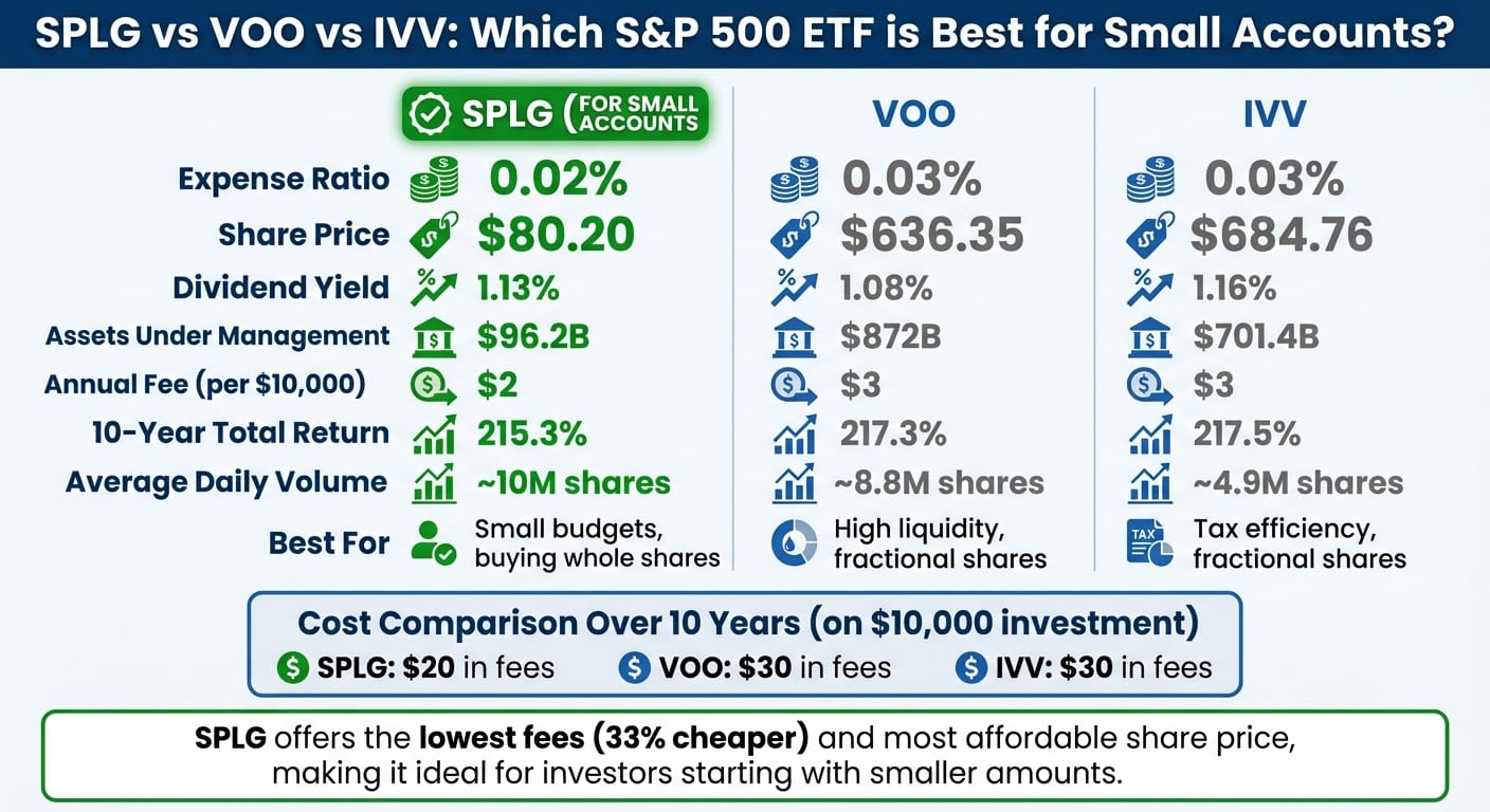 SPLG vs VOO vs IVV: S&P 500 ETF Comparison for Small Accounts