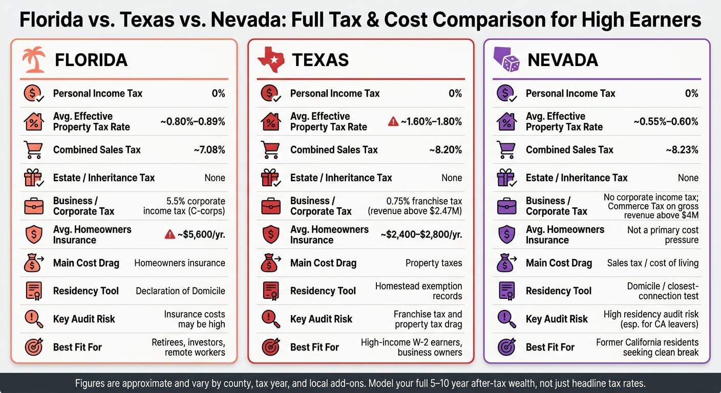Florida vs Texas vs Nevada: Full Tax & Cost Comparison for High Earners