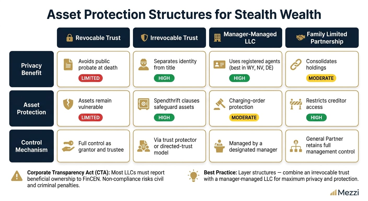 Asset Protection Structures for Stealth Wealth: Privacy & Control Compared