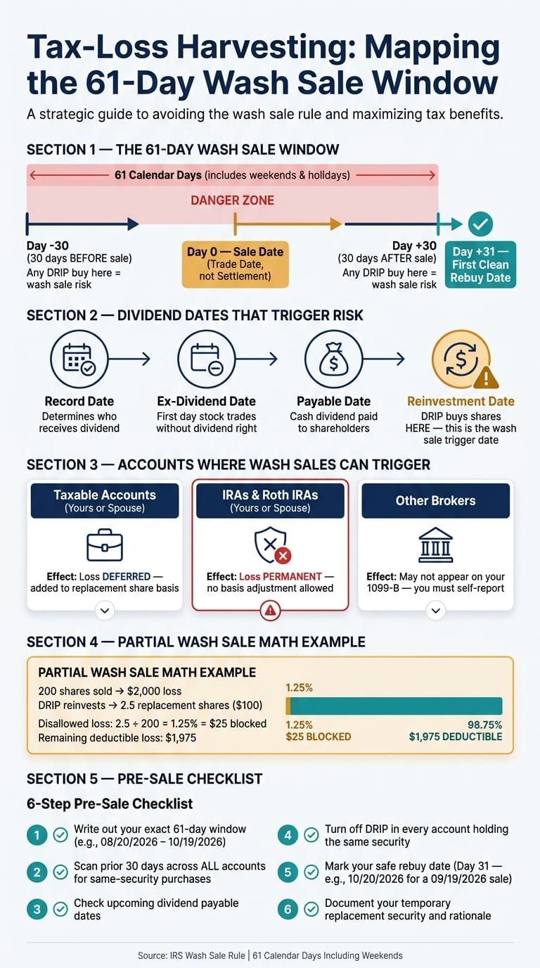 Tax-Loss Harvesting: 61-Day Wash Sale Window & DRIP Risk Map