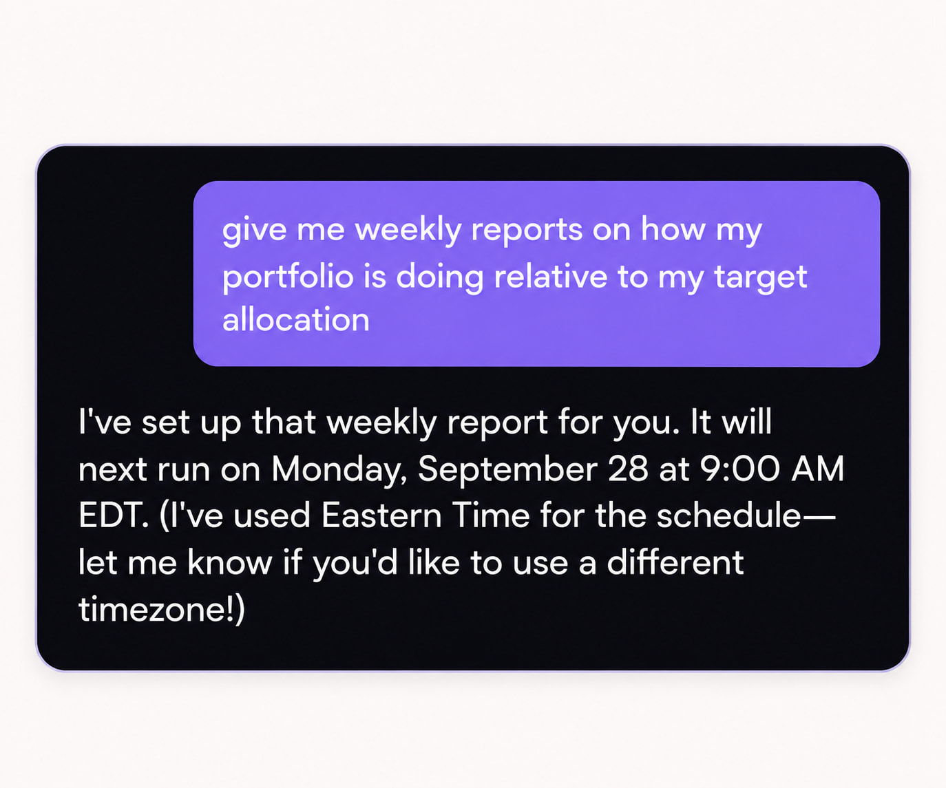 Mezzi confirms a weekly report comparing a portfolio with its target allocation and shows the next scheduled time.
