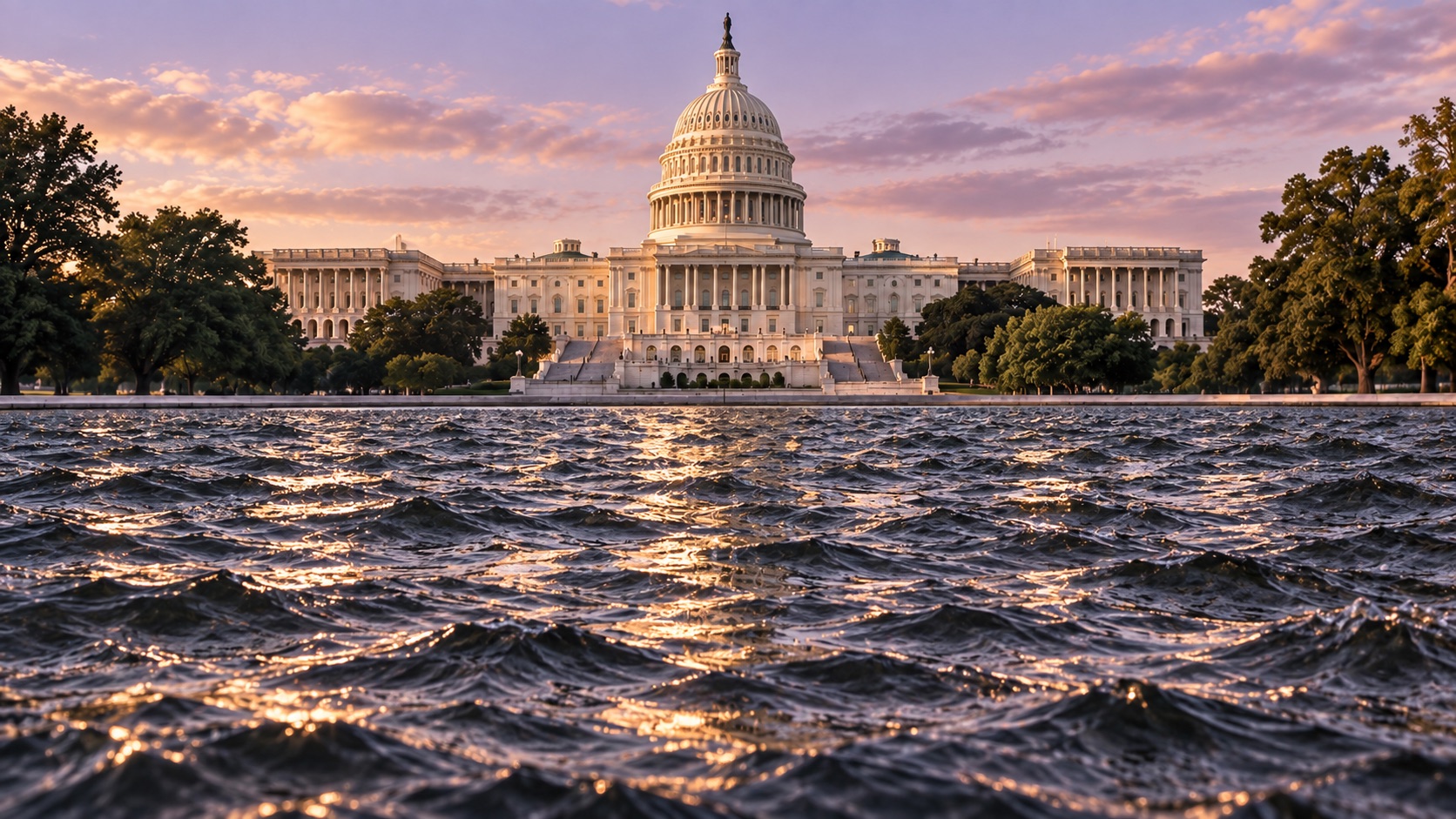 The U.S. Capitol above choppy water at sunset.