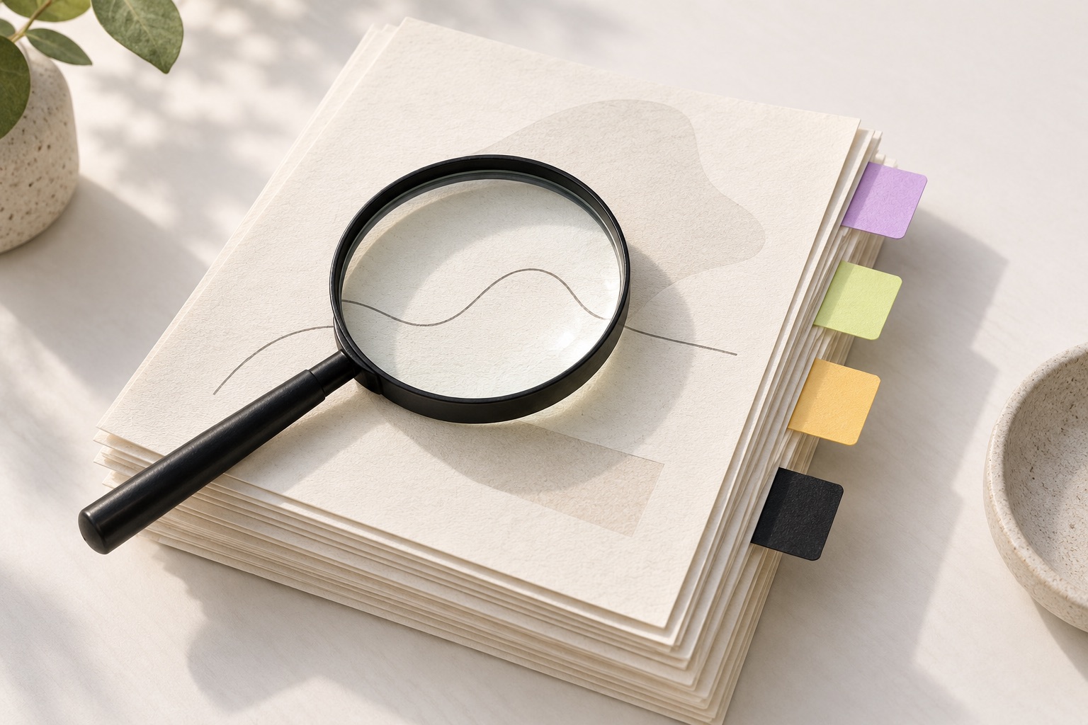 Illustration of financial pages under a magnifying glass, with four colored tabs.