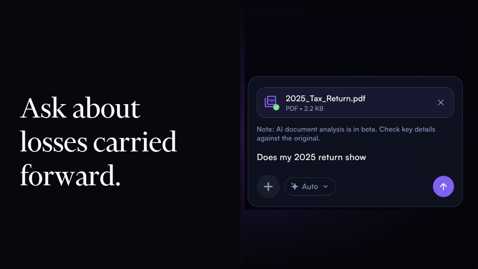 Mezzi document-upload demo: an attached tax return, a question about investment losses, and the response.