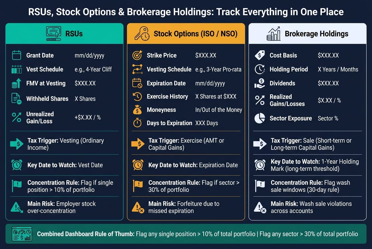 RSUs vs. Stock Options vs. Brokerage Holdings: Key Tracking Fields at a Glance