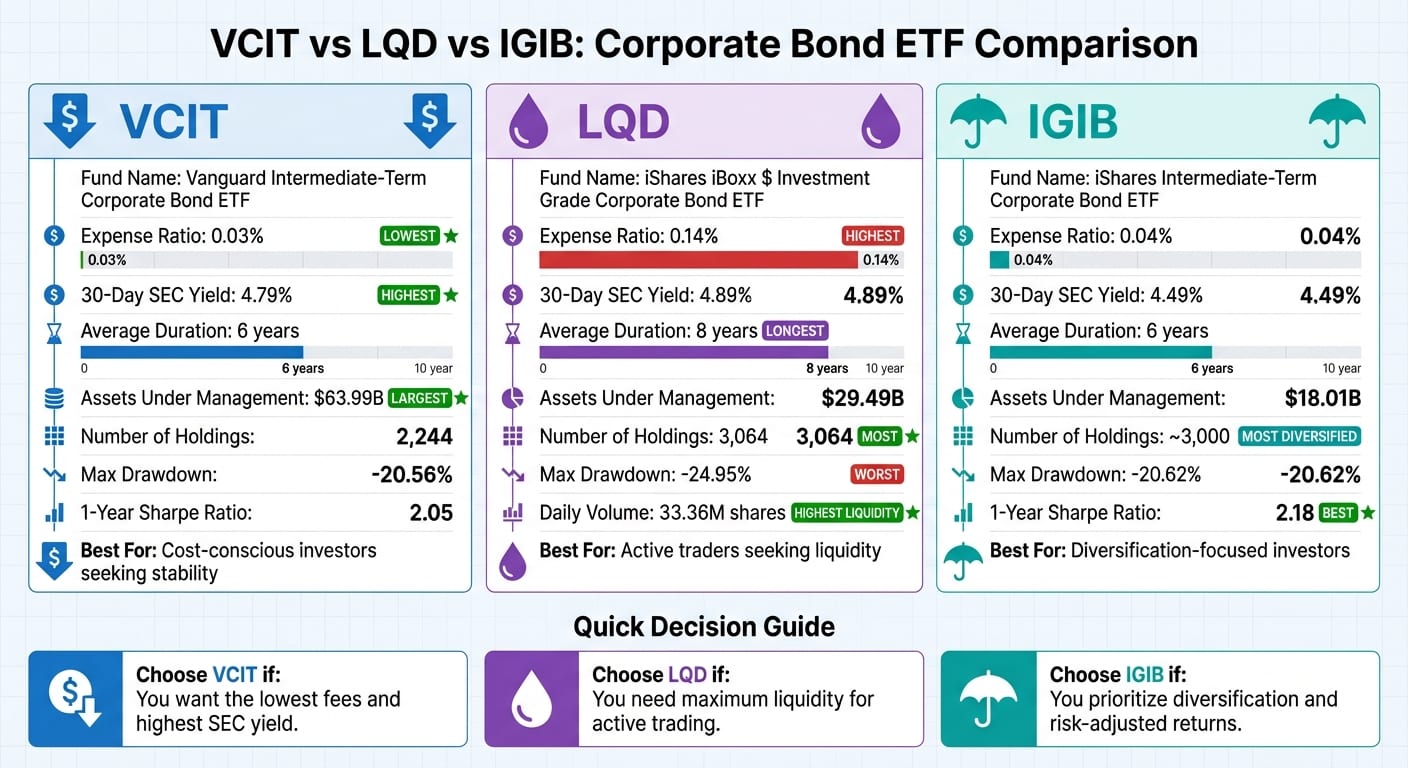 VCIT vs LQD vs IGIB Corporate Bond ETF Comparison Chart
